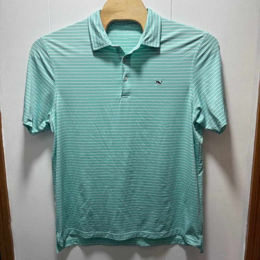 Vineyard Vines Mens Size XL Performance Polo Shirt Mint Green White Striped Logo